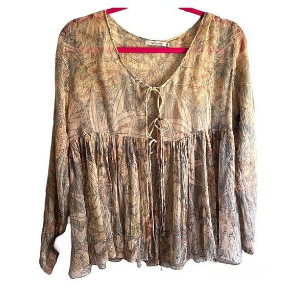 Mes Demoiselles Paris Sheer Palm Floral Metallic Peasant Boho Tie Front Top Sz 8 - Picture 7 of 7